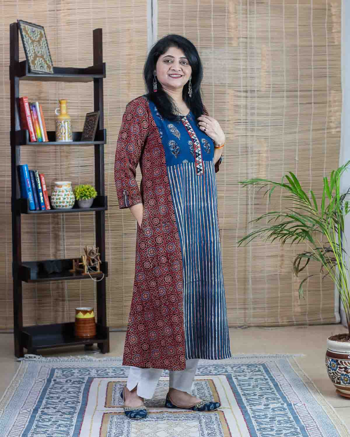 Red Indigo Ajrakh patchwork Dress cum Kurta