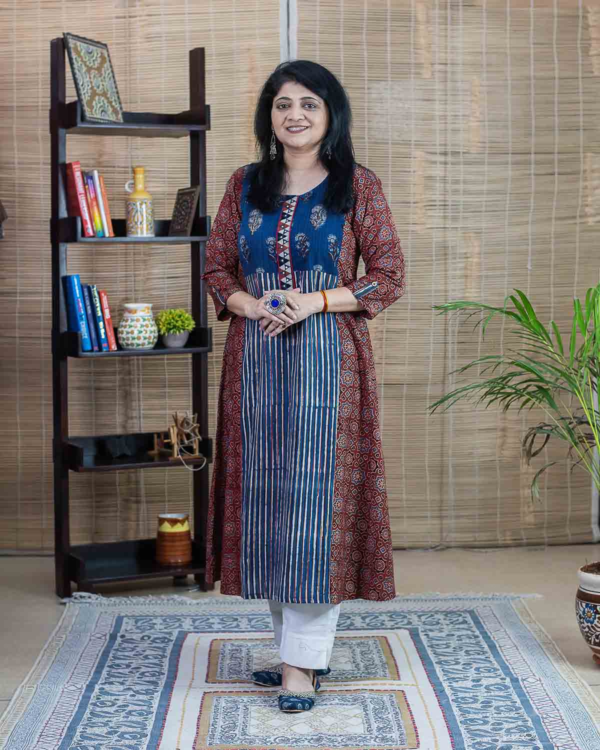 Red Indigo Ajrakh patchwork Dress cum Kurta