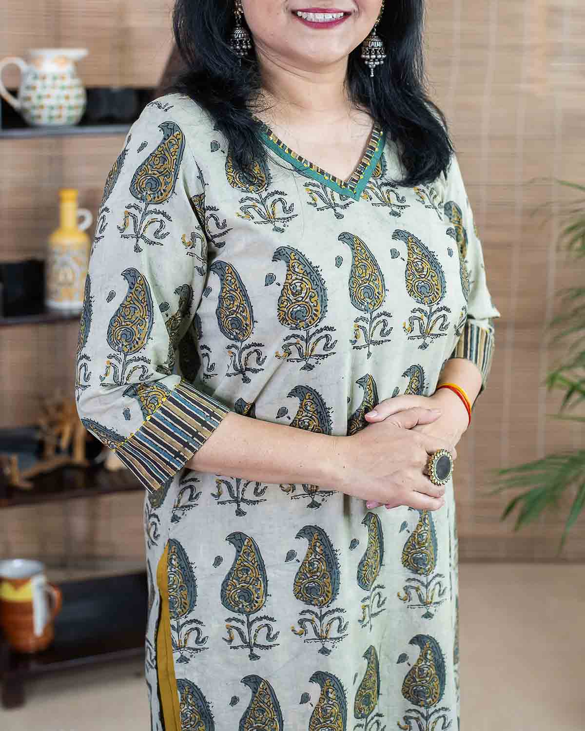 Light green Vegetable Handblock printed Straight fit kurta