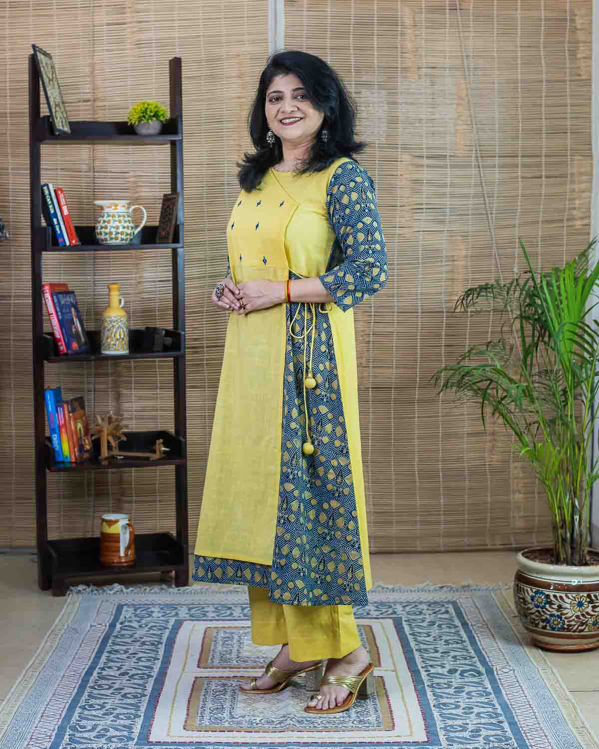 Yellow Indigo ajrakh embroidered Dress Cum Kurta