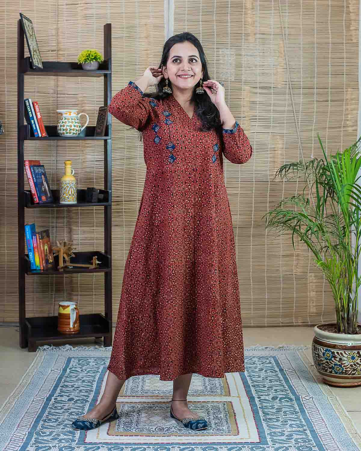 Signature slub maroon special ajrakh applique Dress