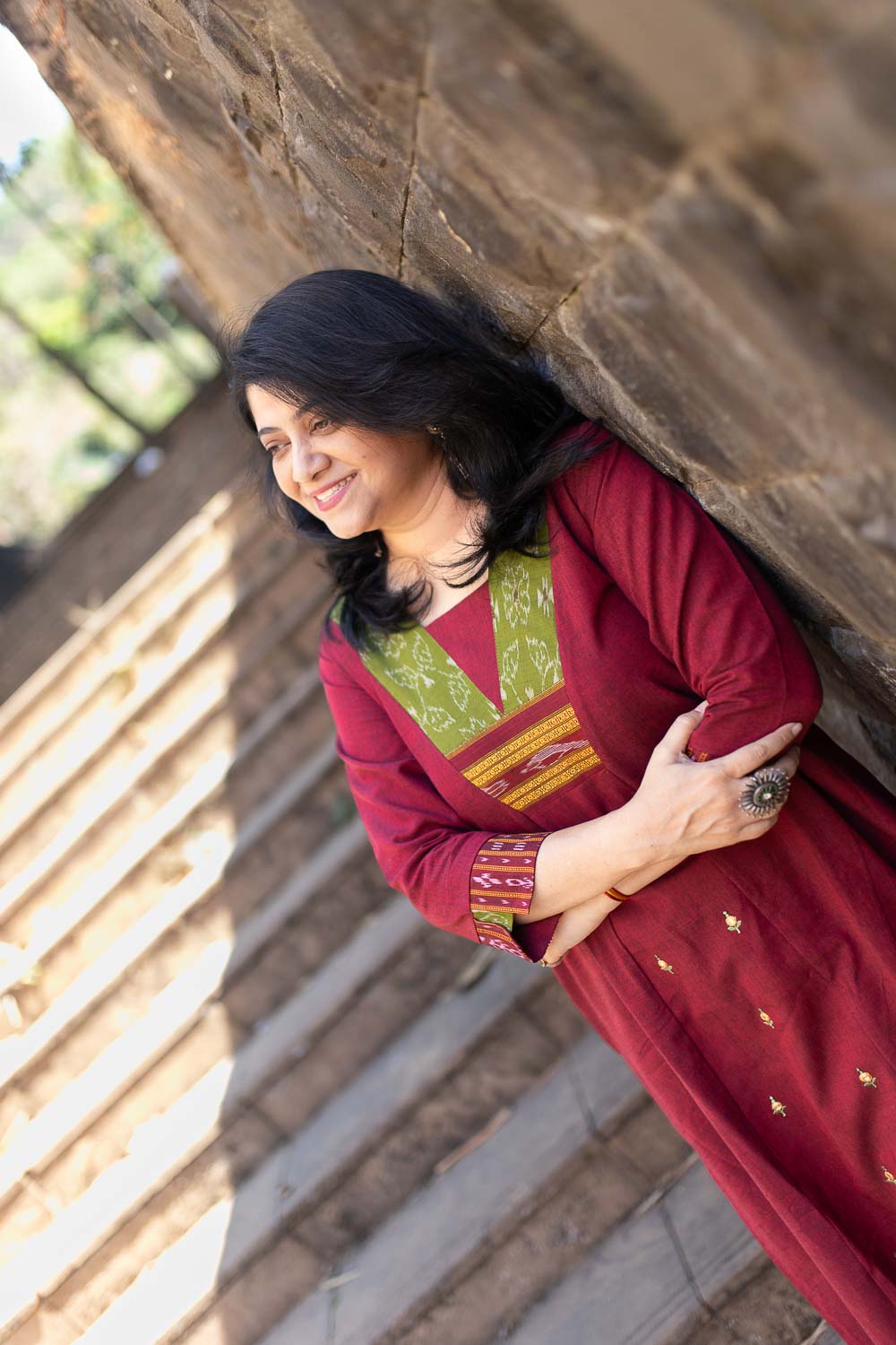 Maroon, Green embroidered Ikkat Dress cum Kurta