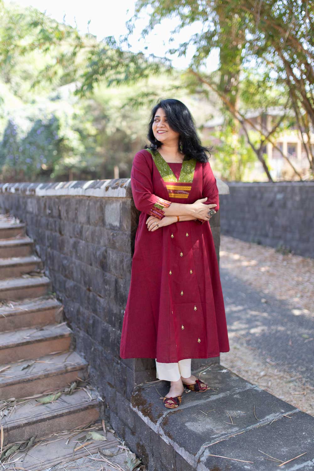 Maroon, Green embroidered Ikkat Dress cum Kurta