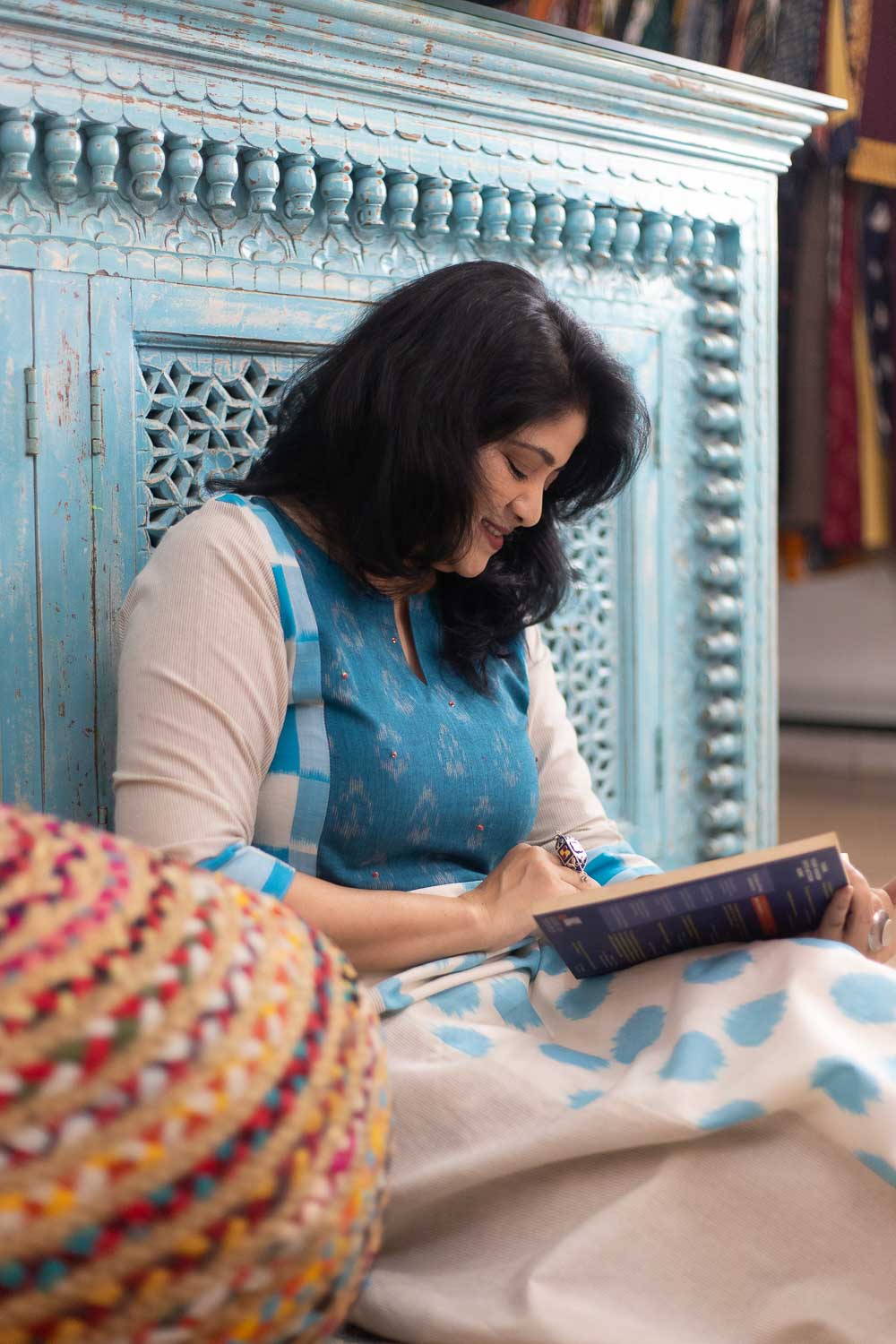 Cream Blue double Ikkat collage dress cum kurta