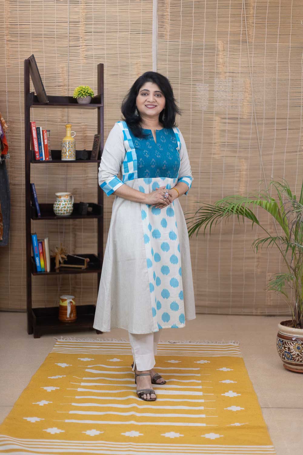 Cream Blue double Ikkat collage dress cum kurta