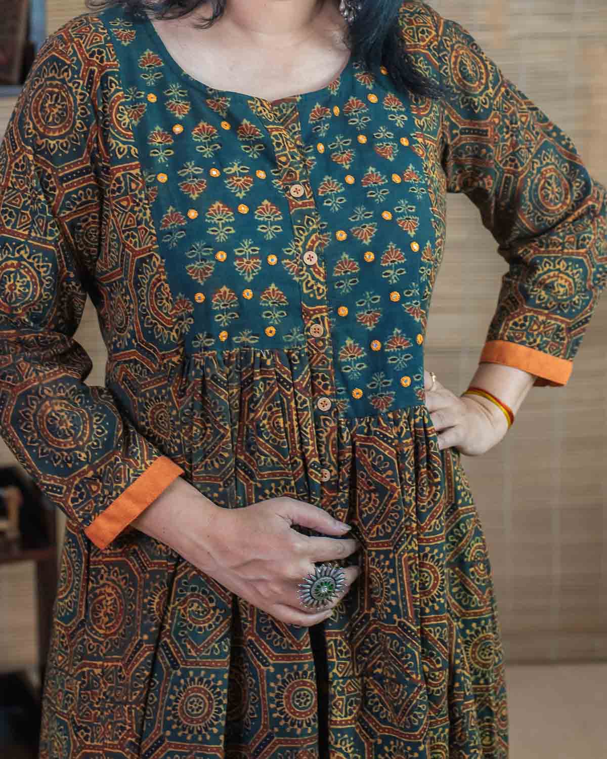 Green Orange mirror work Ajrakh Dress cum Kurta