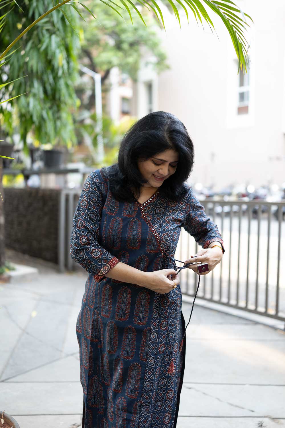 Indigo Ajrakh embroidered straight fit Kurta