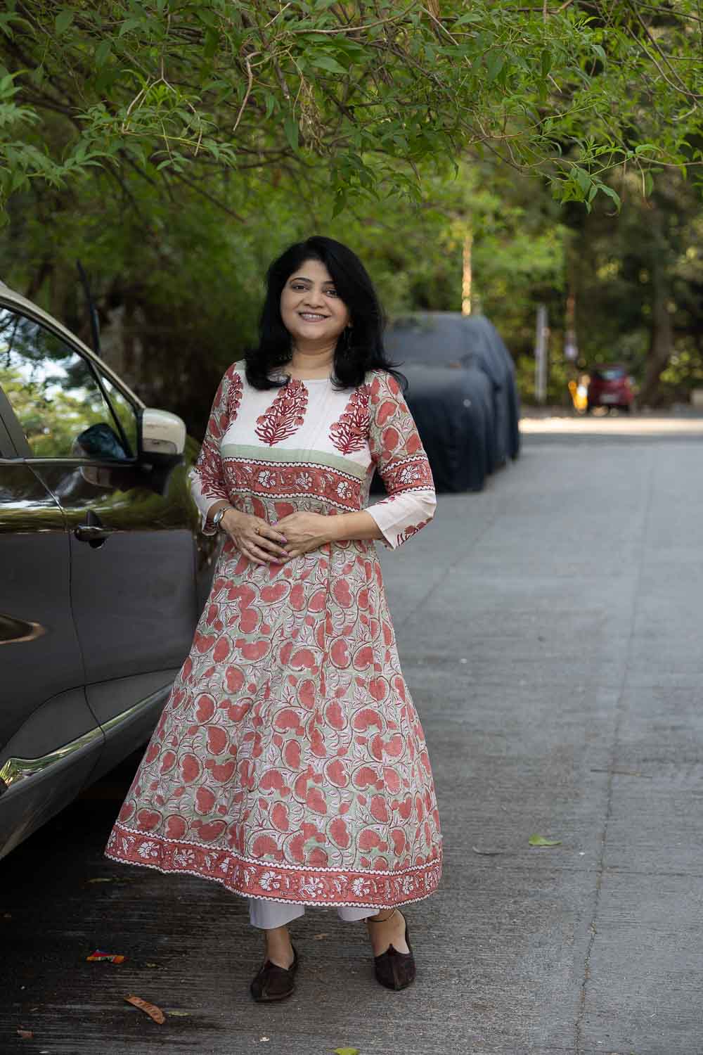 Soft Cotton Rust Green Hand block printed Anarkali