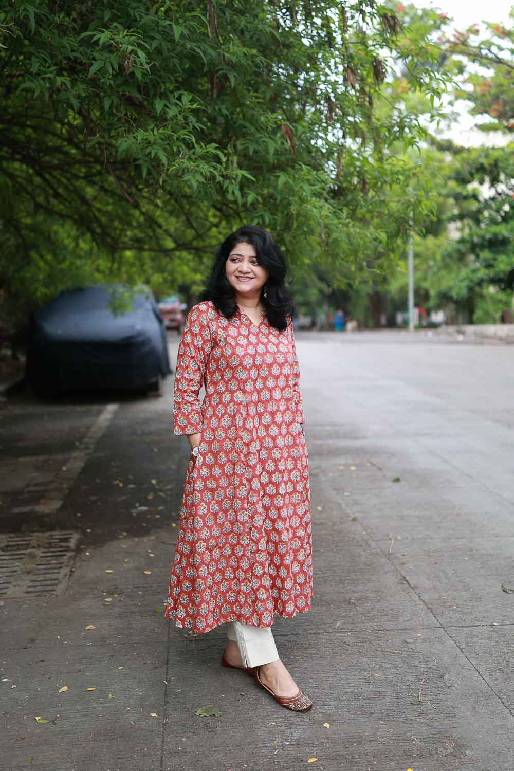 Superior cotton slub Orange hand block printed Dress/kurta