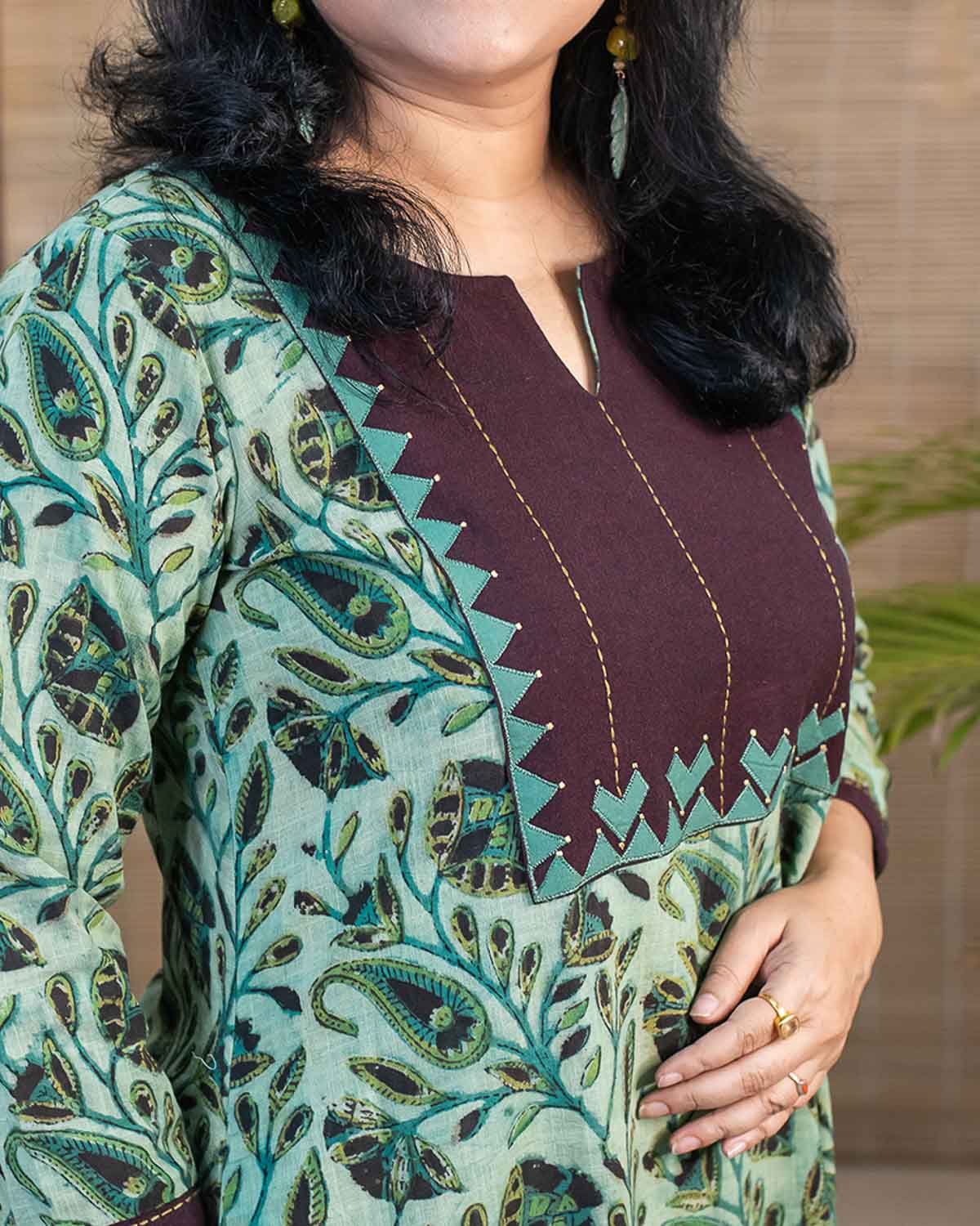 Signature slub Vanaspati print applique work dress