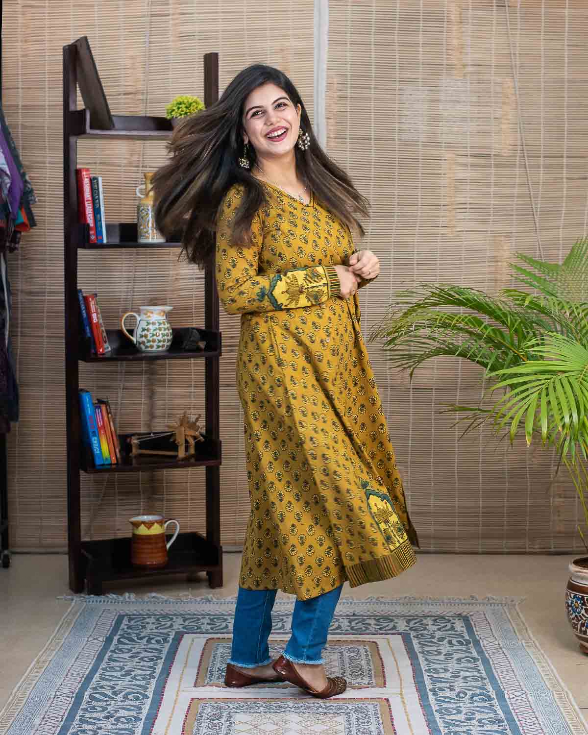 Yellow Ajrakh Pichhwai embroidered Dress cum Kurta