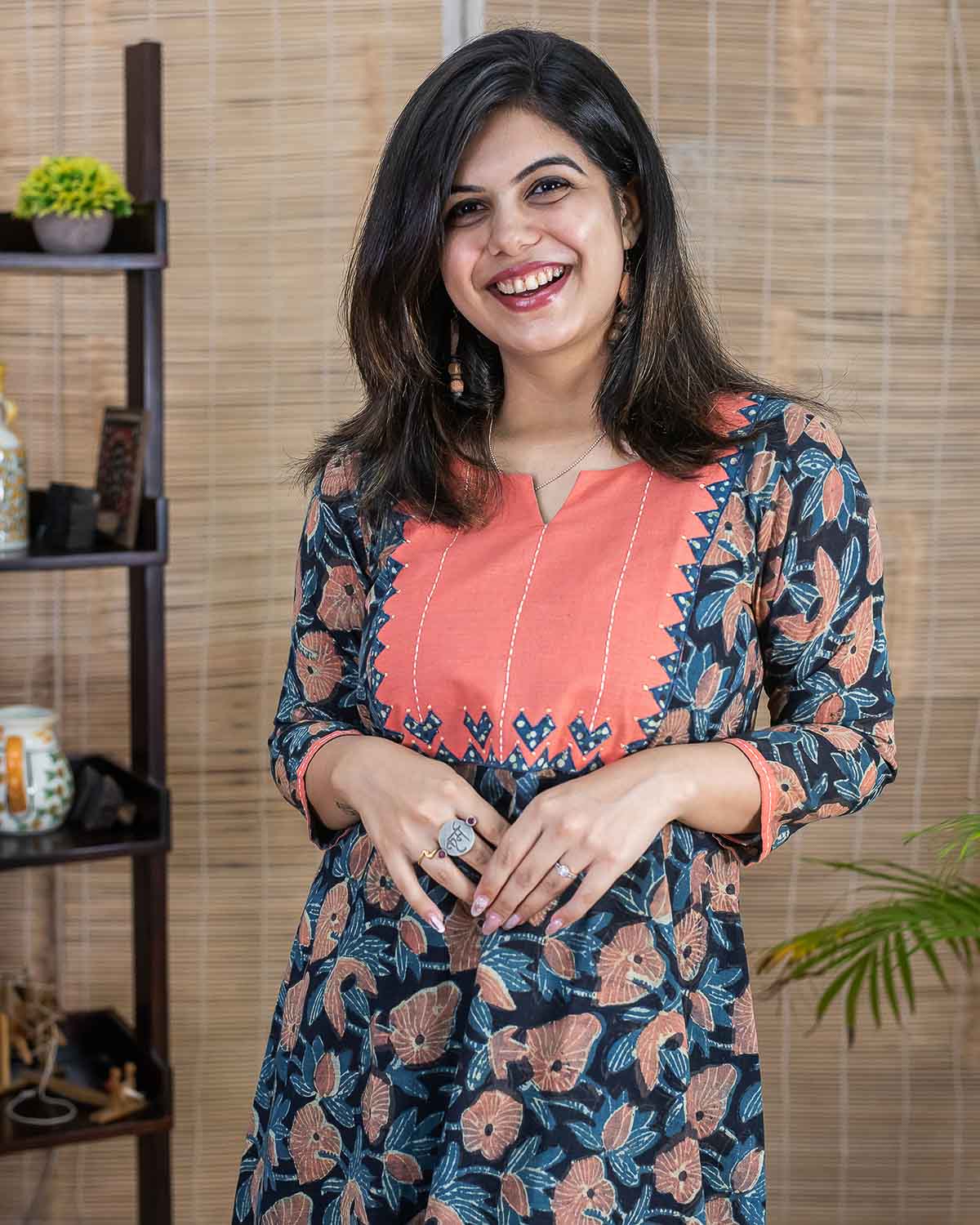 Signature slub Indigo peach applique Dress
