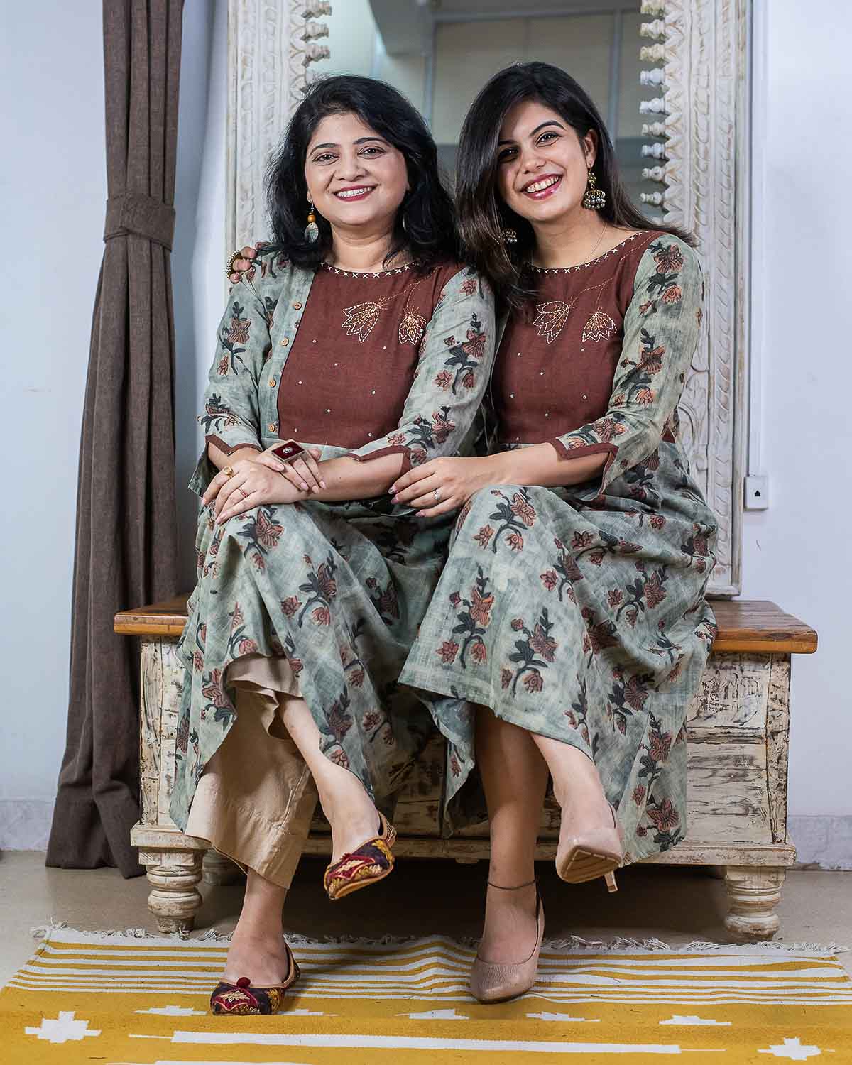 Cotton Slub Green Brown embroidered Dress cum Kurta