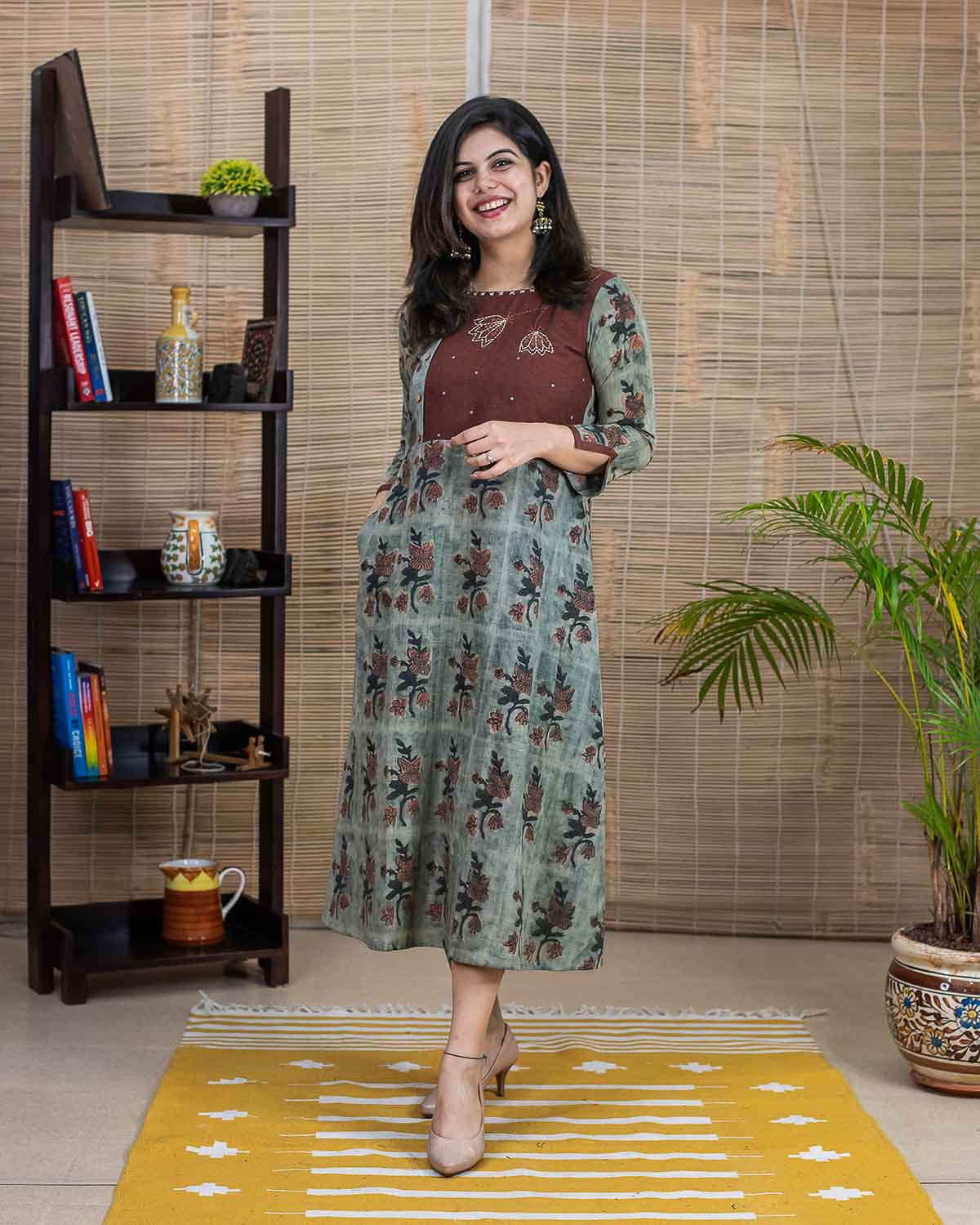 Cotton Slub Green Brown embroidered Dress cum Kurta