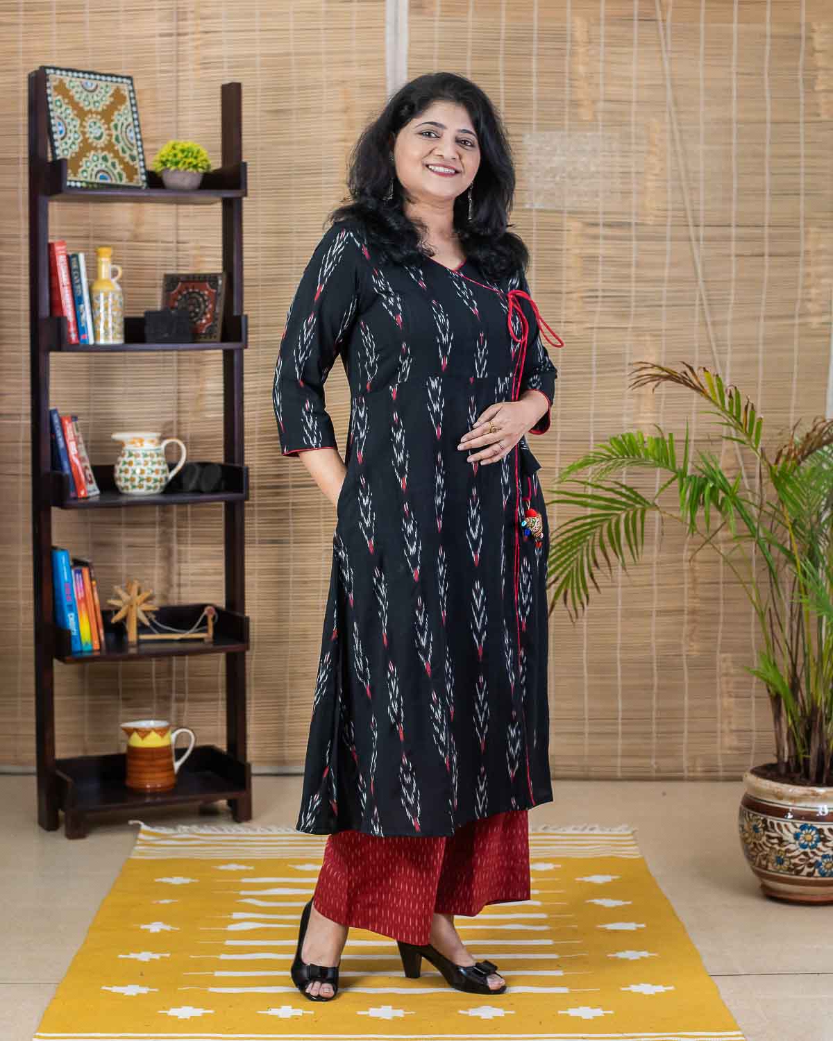 Black Ikkat A line Kurta with handcrafted tassel