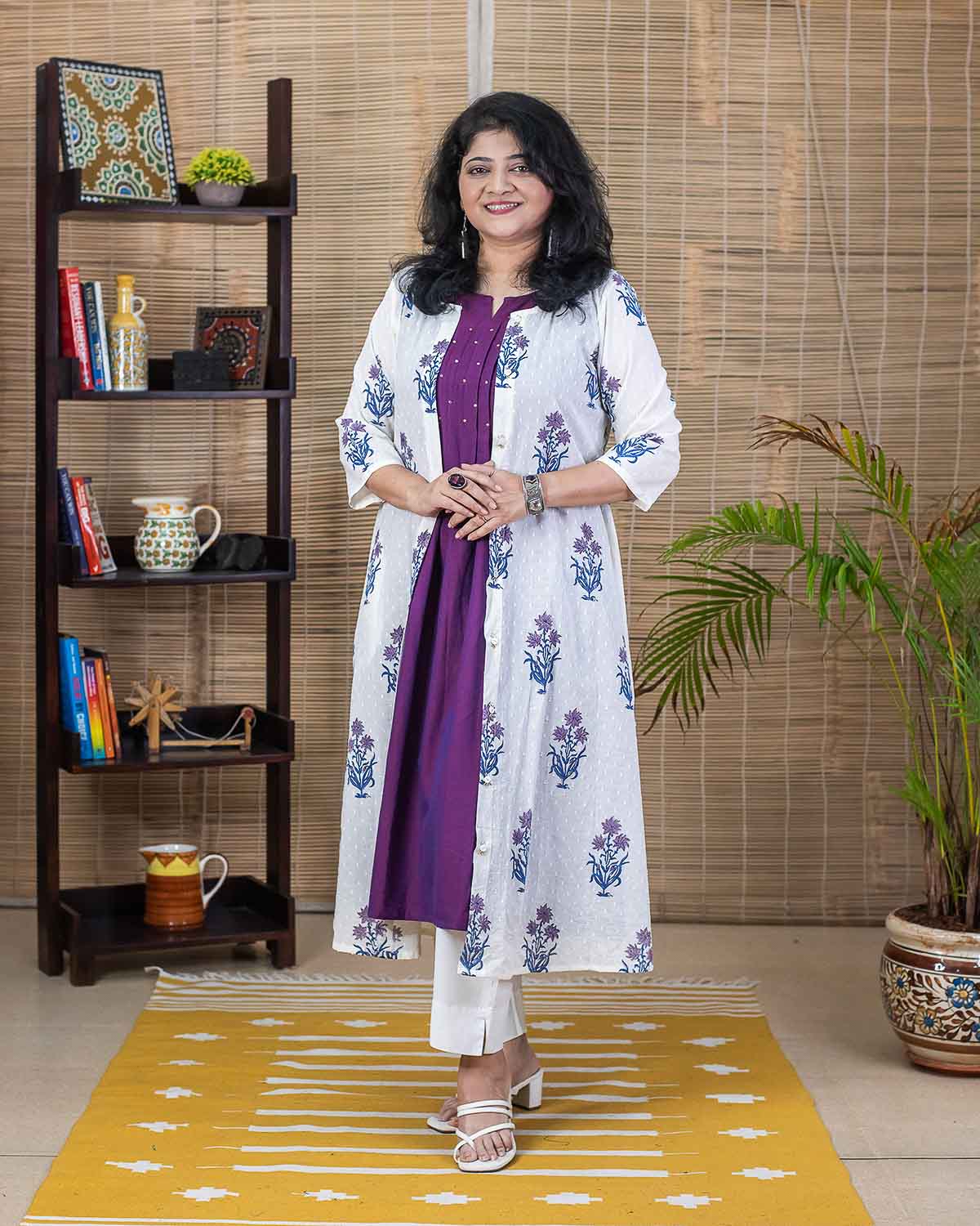 Purple White Dobby Mughal butta Jacket Dress