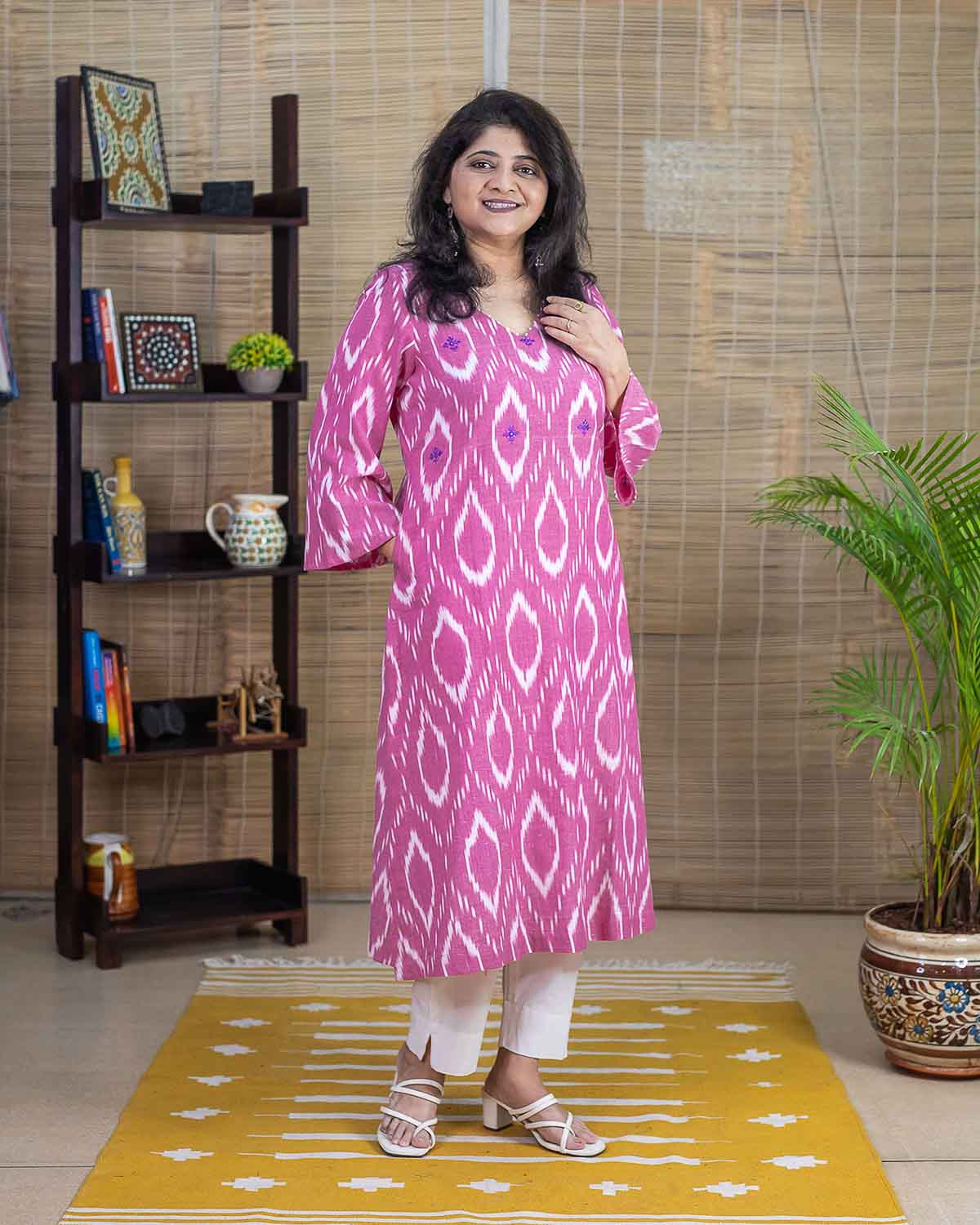 Pink Ikkat A line with slit embroidered Kurta