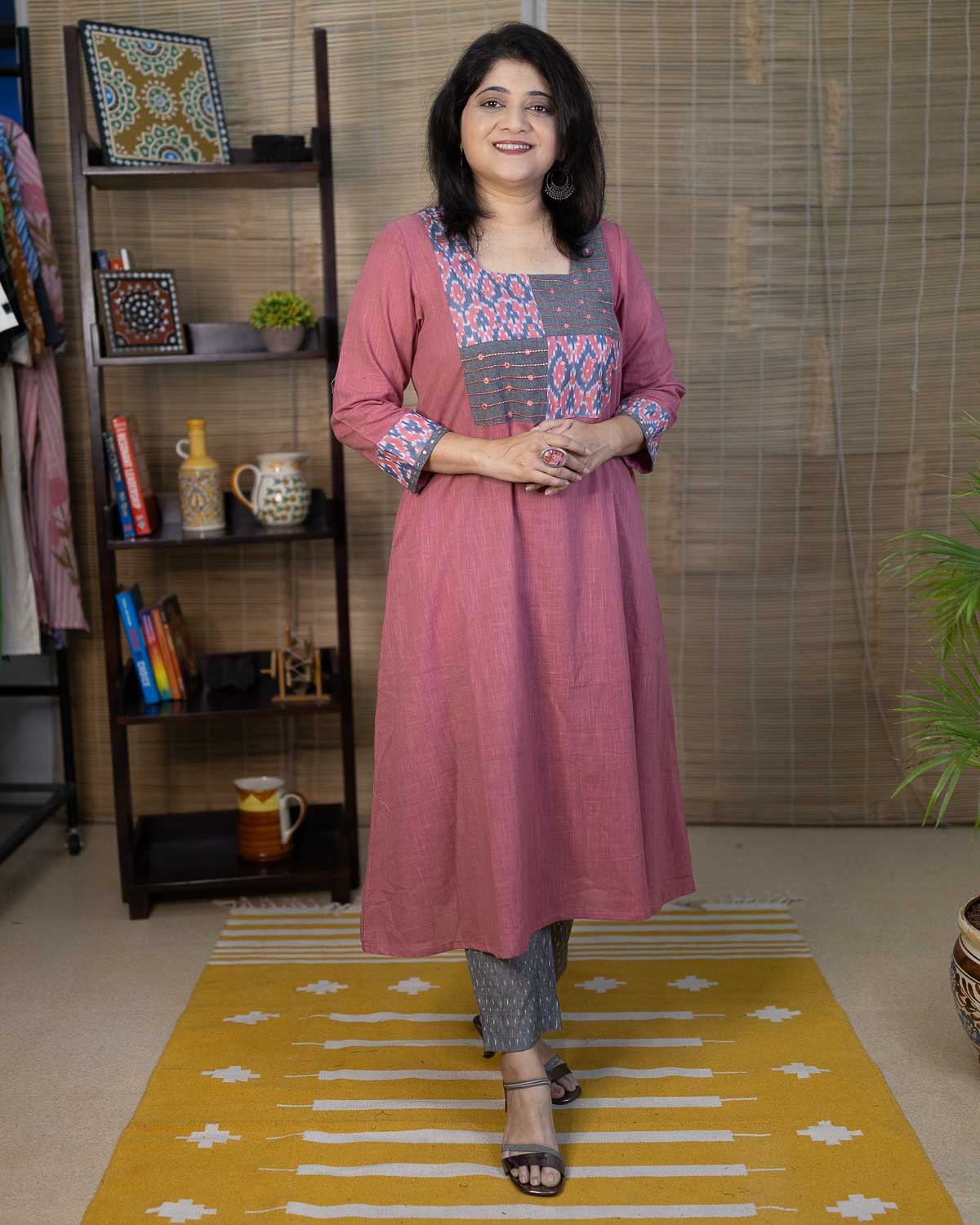 Pink Gray cotton slub with exclusive ikkat Dress