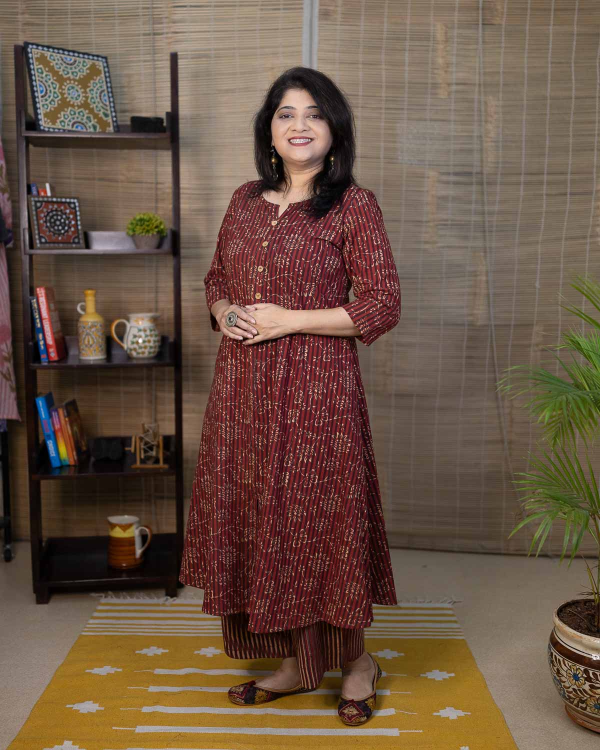 Maroon Bagru Ajrakh cotton a line kurta