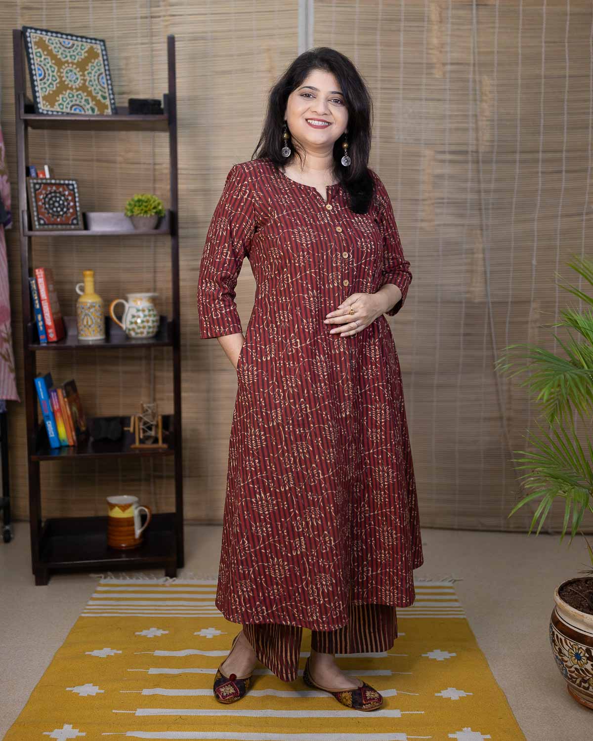 Maroon Bagru Ajrakh cotton a line kurta