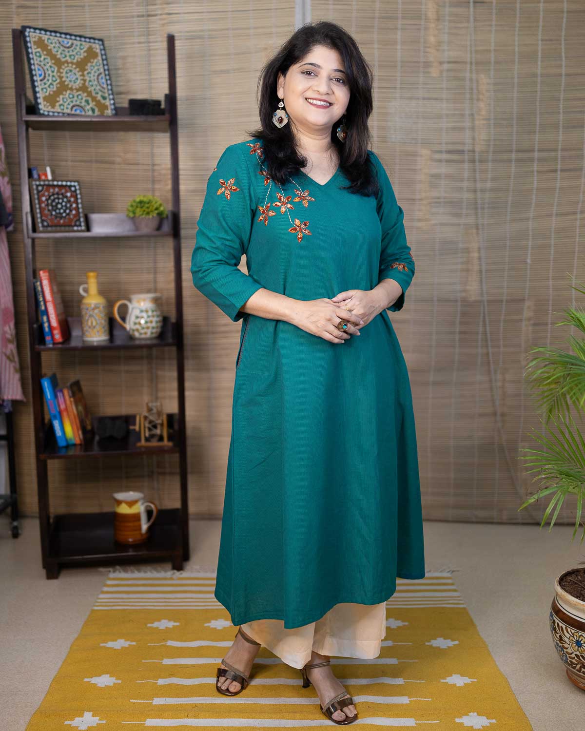 Elegant Rama green Ikkat kalamkari applique Dress