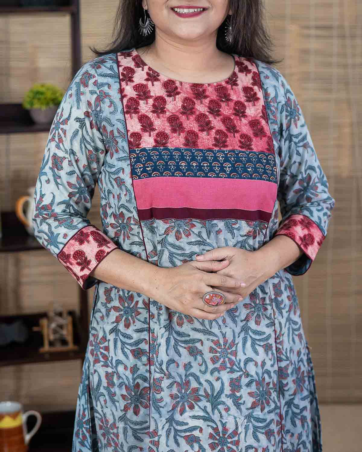 Blue Bagru Ajrakh with patchwork