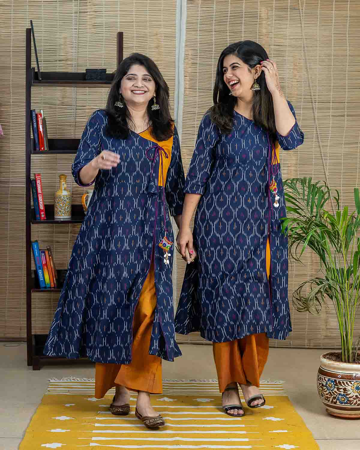 Blue Mustard Ikkat A line Kurta with inhouse handcrafted tassel