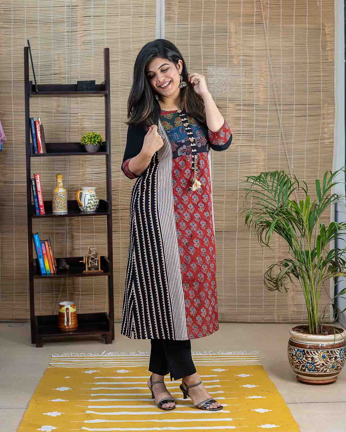 Multicolor Ajrakh patchwork kurta with tassel