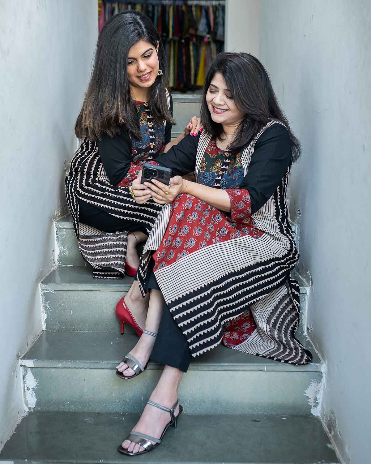 Multicolor Ajrakh patchwork kurta with tassel