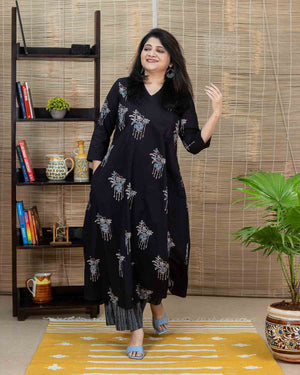 Black Ajrakh long kurta with flare for women – Rush Me Fashions Pune