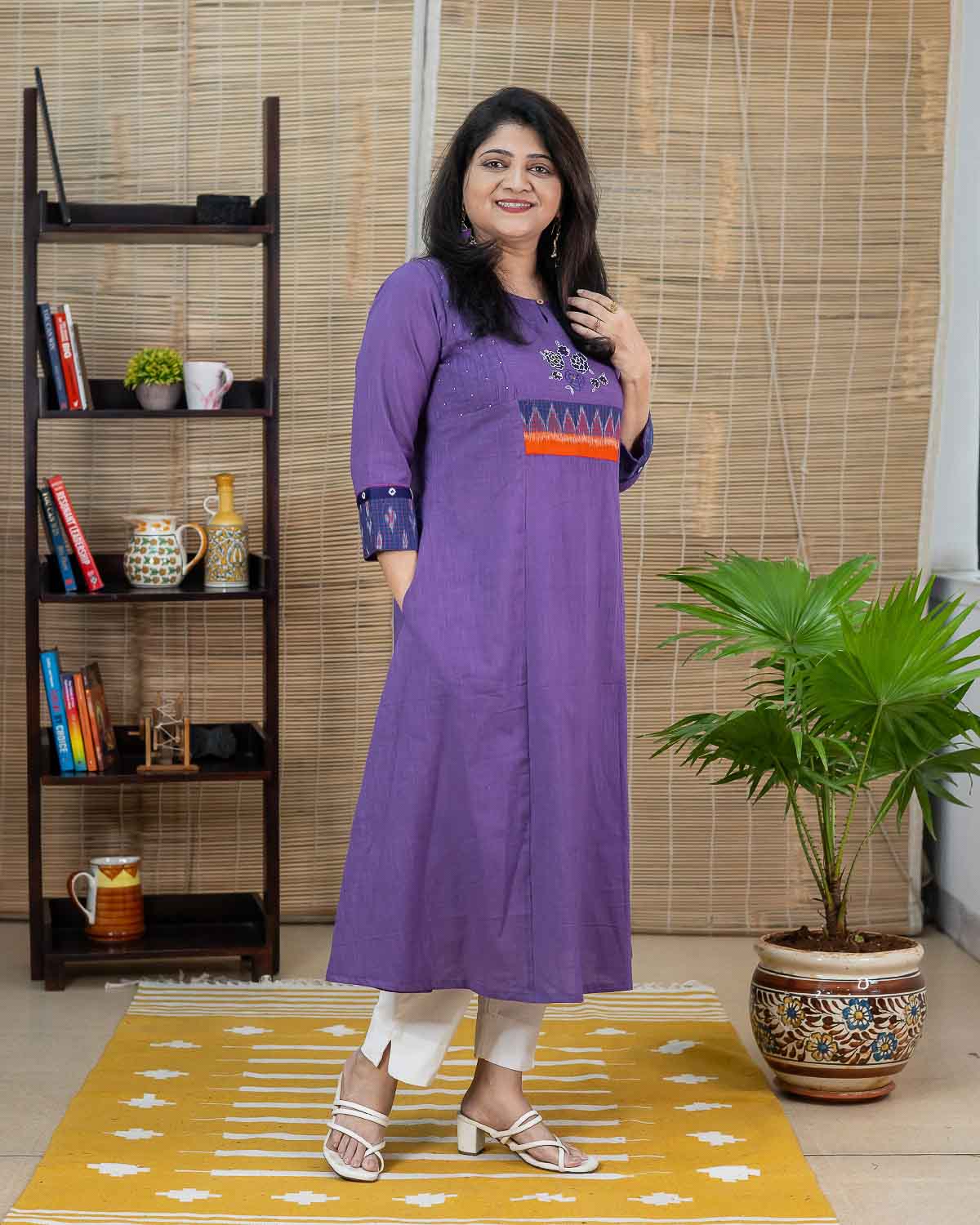 Purple embroidered kurta with Sambalpur ikkat & bandhej
