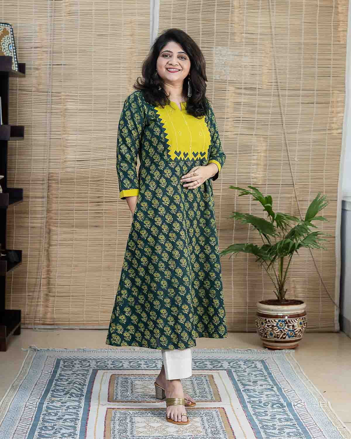 Ajrakh Green with yellow applique work dress