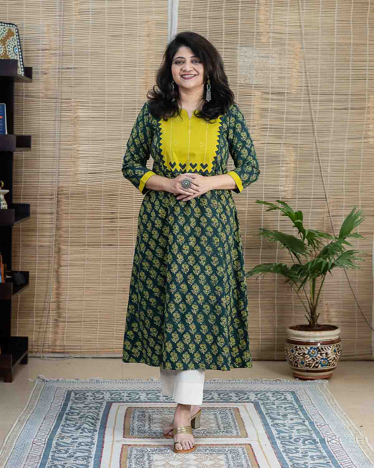 Ajrakh Green with yellow applique work dress