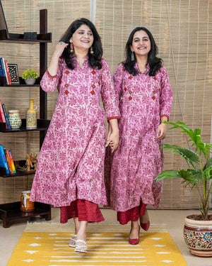Bagru Ajrakh Handblock Printed Cotton Dress Kurta in Pink — Rush Me Fashions