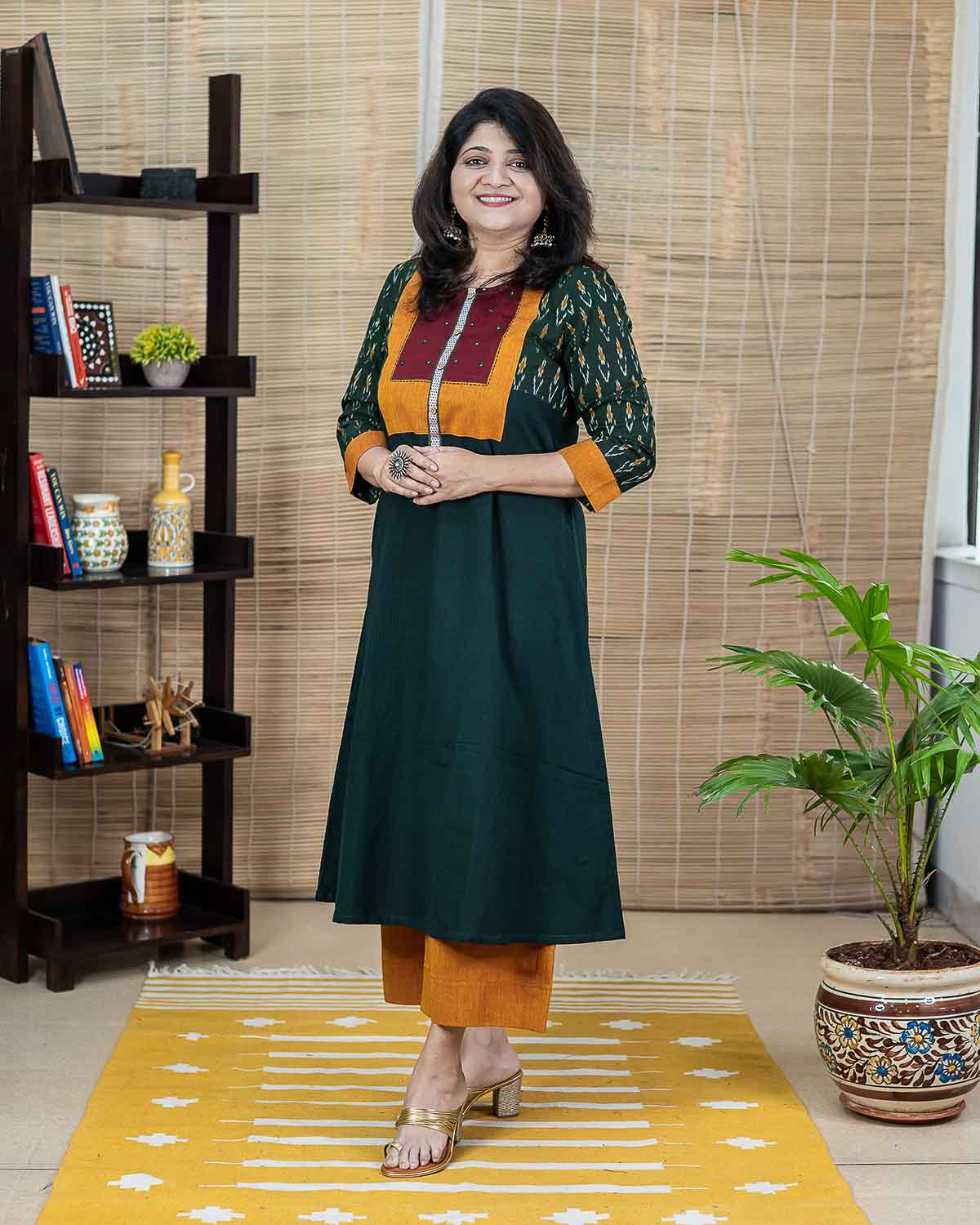 Green Exclusive ikkat with Ilkal patchwork & embroidery