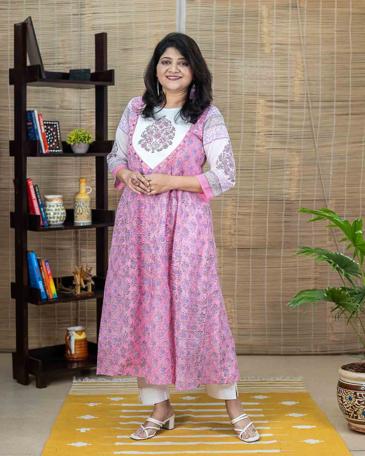 Pink Soft Cotton Anarkali with machine & hand embroidery
