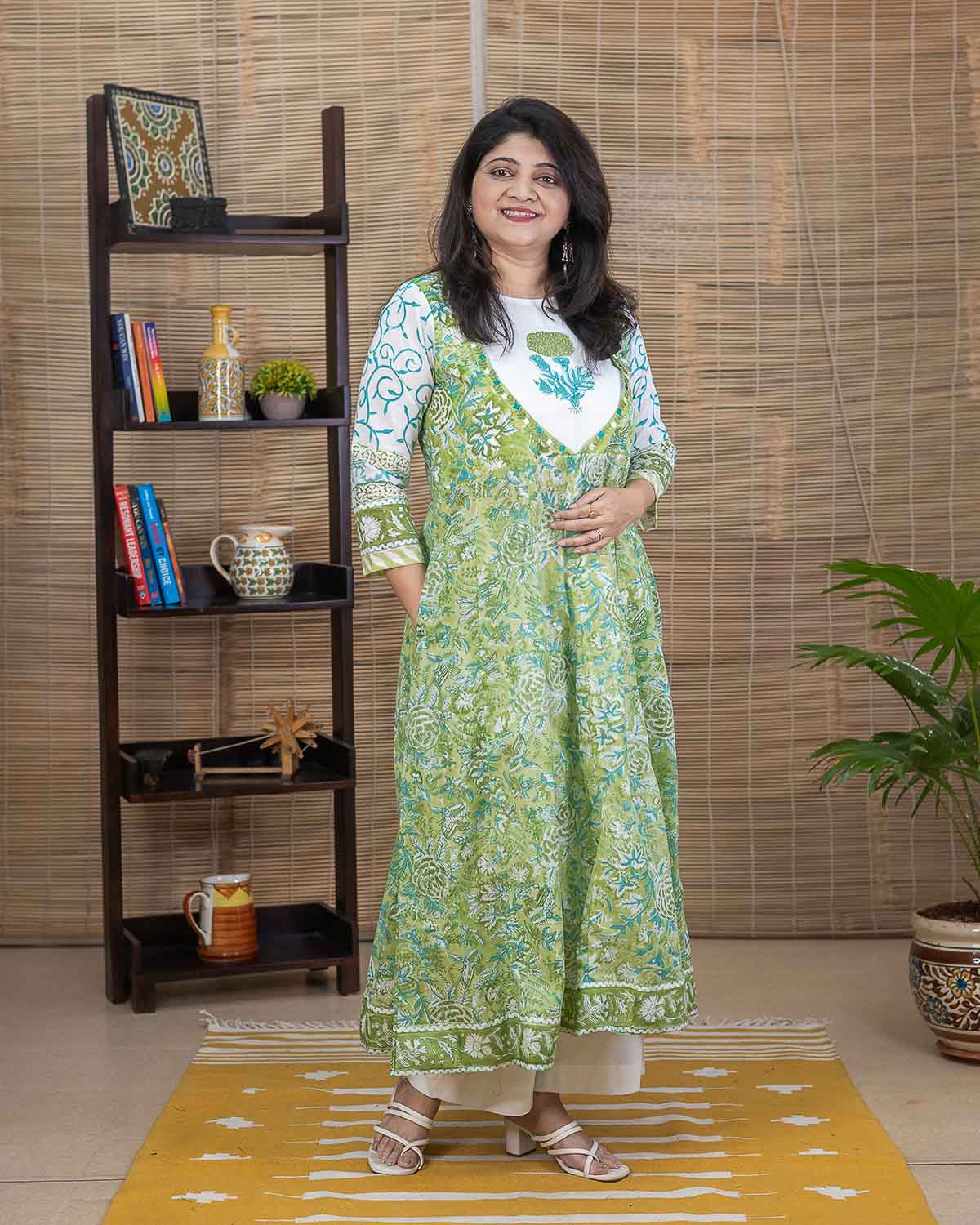 "सुती" Green Soft Cotton Anarkali with machine & hand embroidery