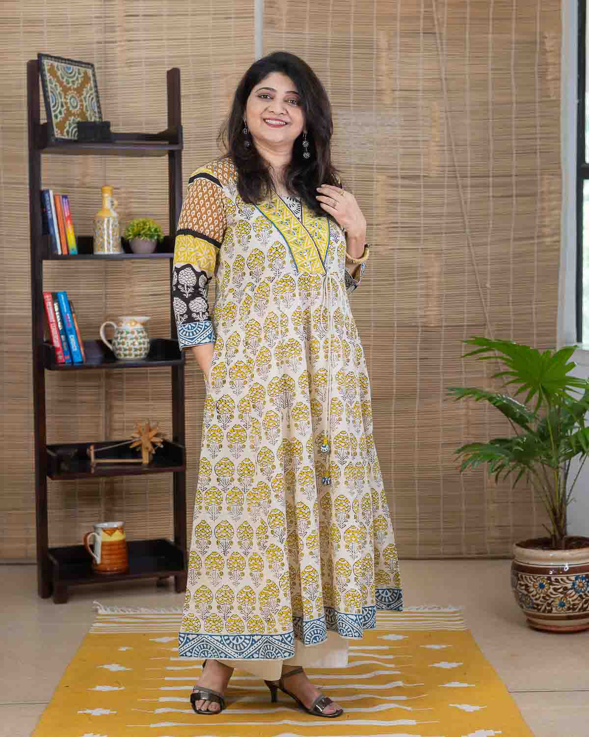 "सुती" Cream Multicolor Soft Cotton Anarkali with machine & hand embroidery