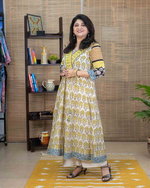 Handblock Printed Soft Cotton Anarkali in Cream Multicolor — Rush Me Fashions