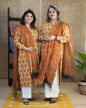 Vanaspati Ajrakh Handblock Printed Cotton Slub A Line Kurta in Light Orange — Rush Me Fashions