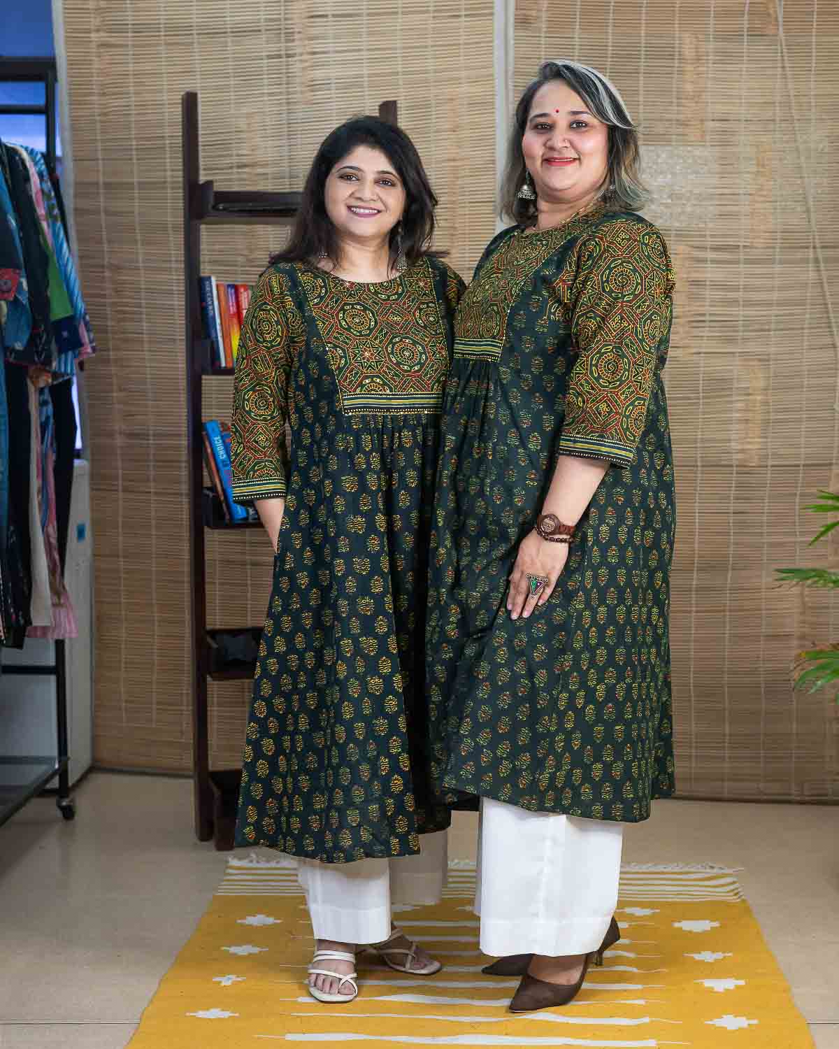 Hand block printed Ajrakh dress with embroidery Rush Me fashions
