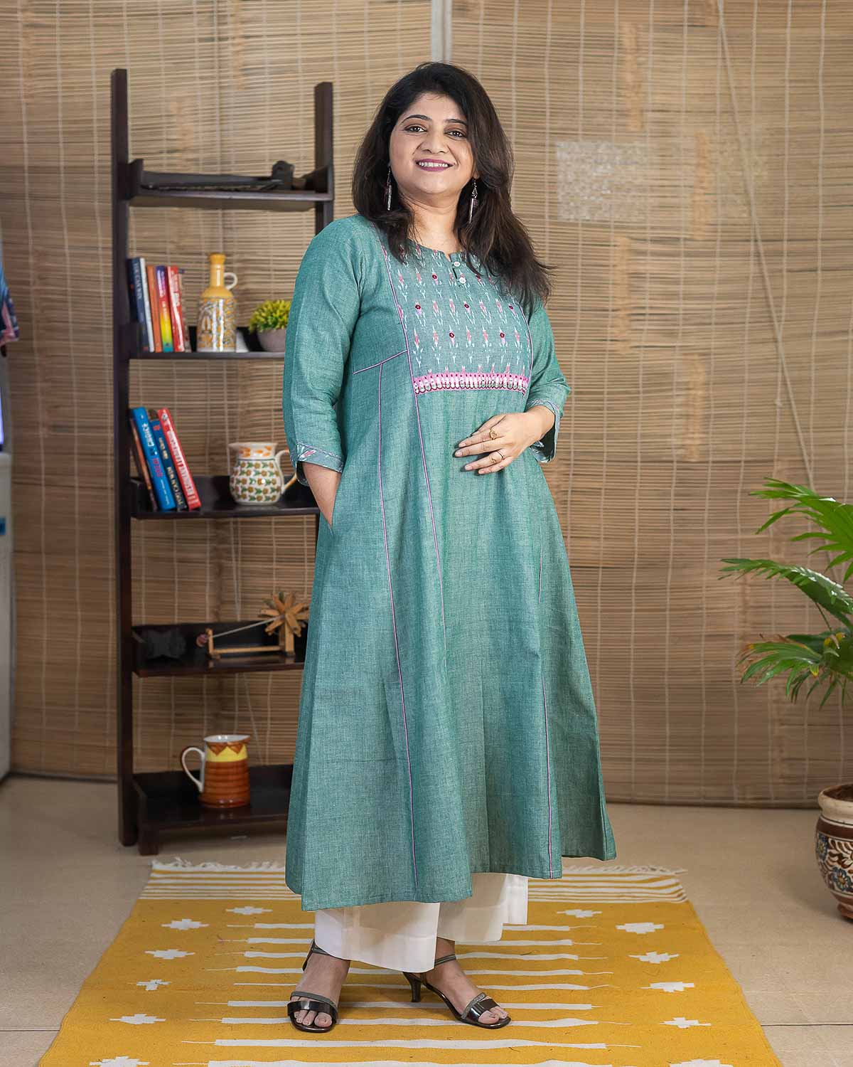 Hand woven Ikkat Embroidered Dress — Light green/Blue