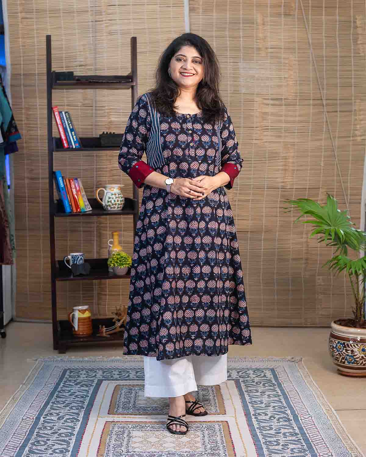 Black Indigo Maroon Jahota hand block printed Slub kurta