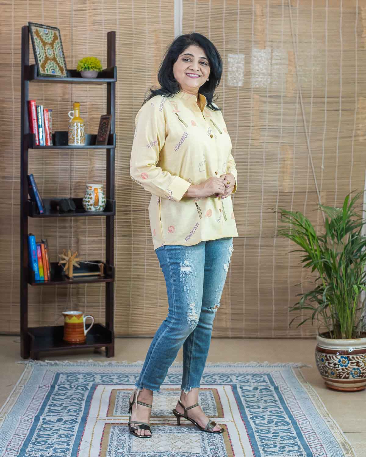 Light lemon-yellow Cricket print women's shirt