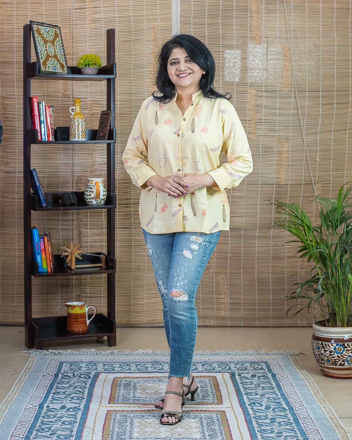 Light lemon-yellow Cricket print women's shirt