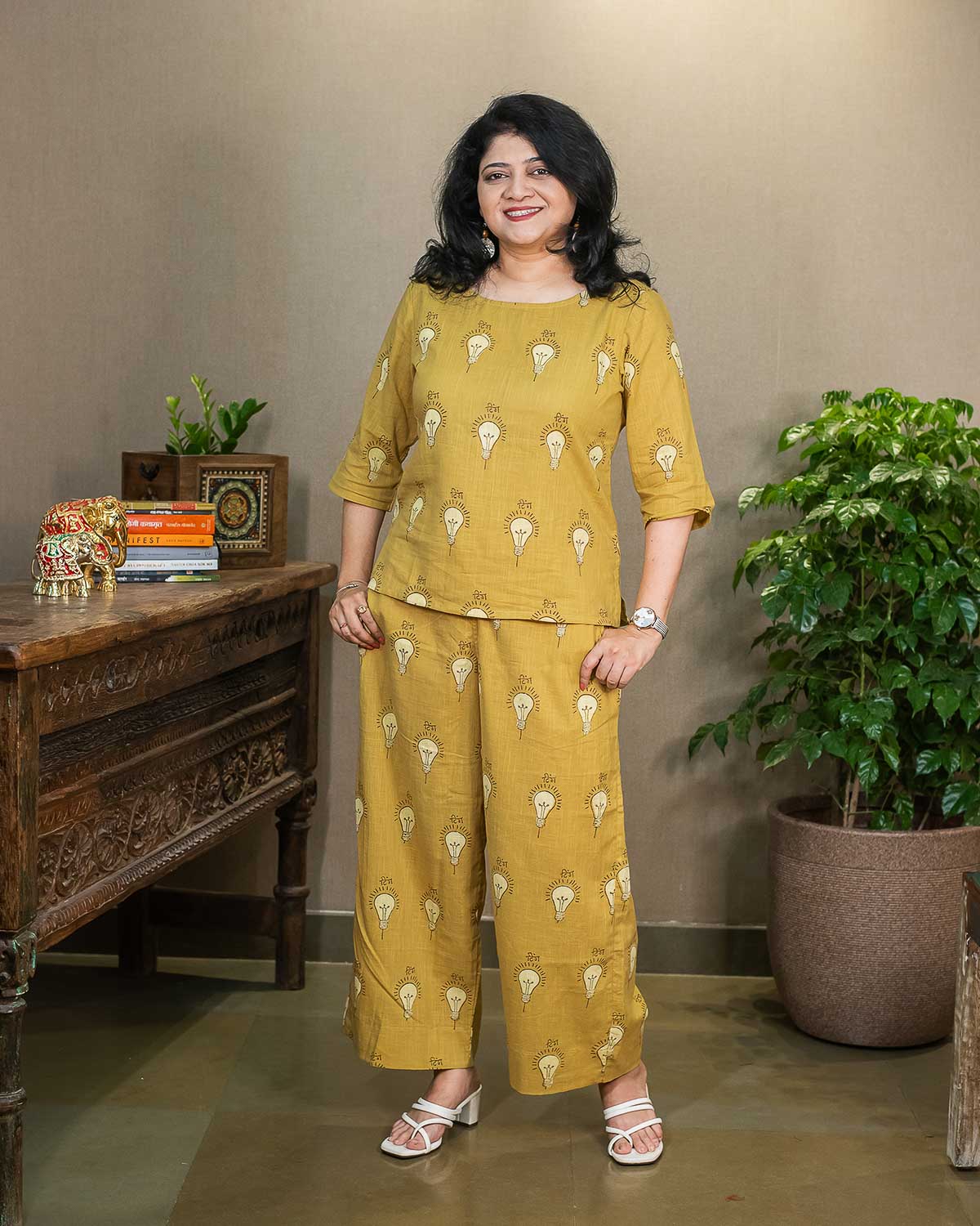 Signature Ting print Mustard trouser