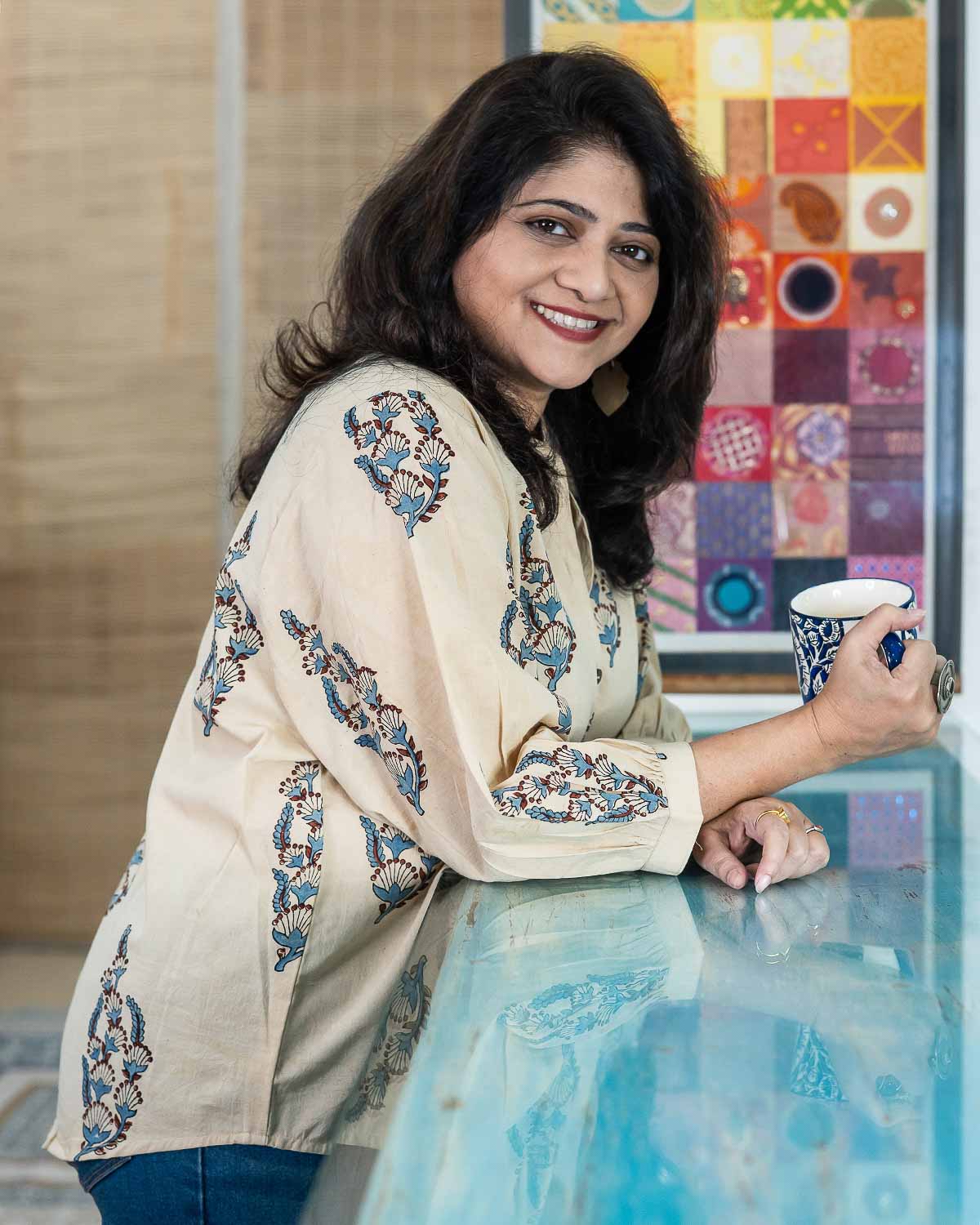 Cream Ajrakh mughal butta - comfort fit