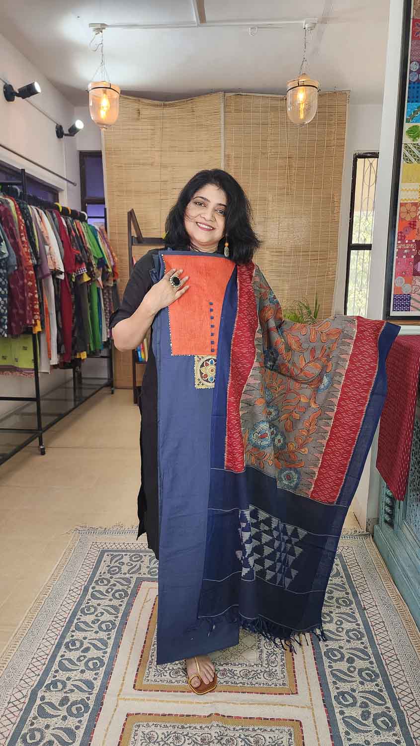 Exclusive Pen Kalamkari Top Dup Blue orange