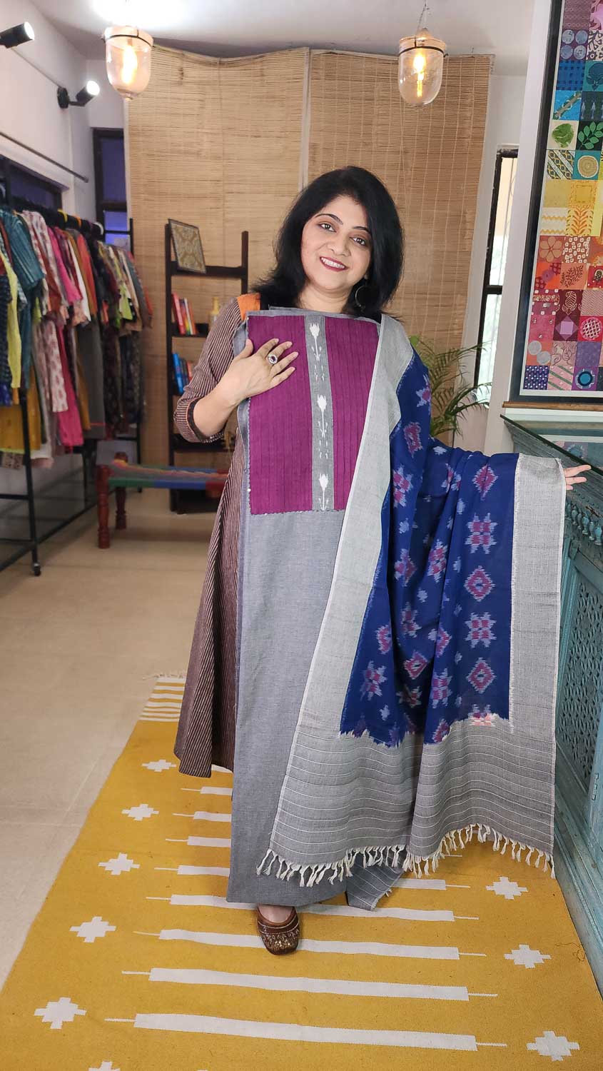 Exclusive gray blue Ikkat dupatta with Patterned kurta fabric