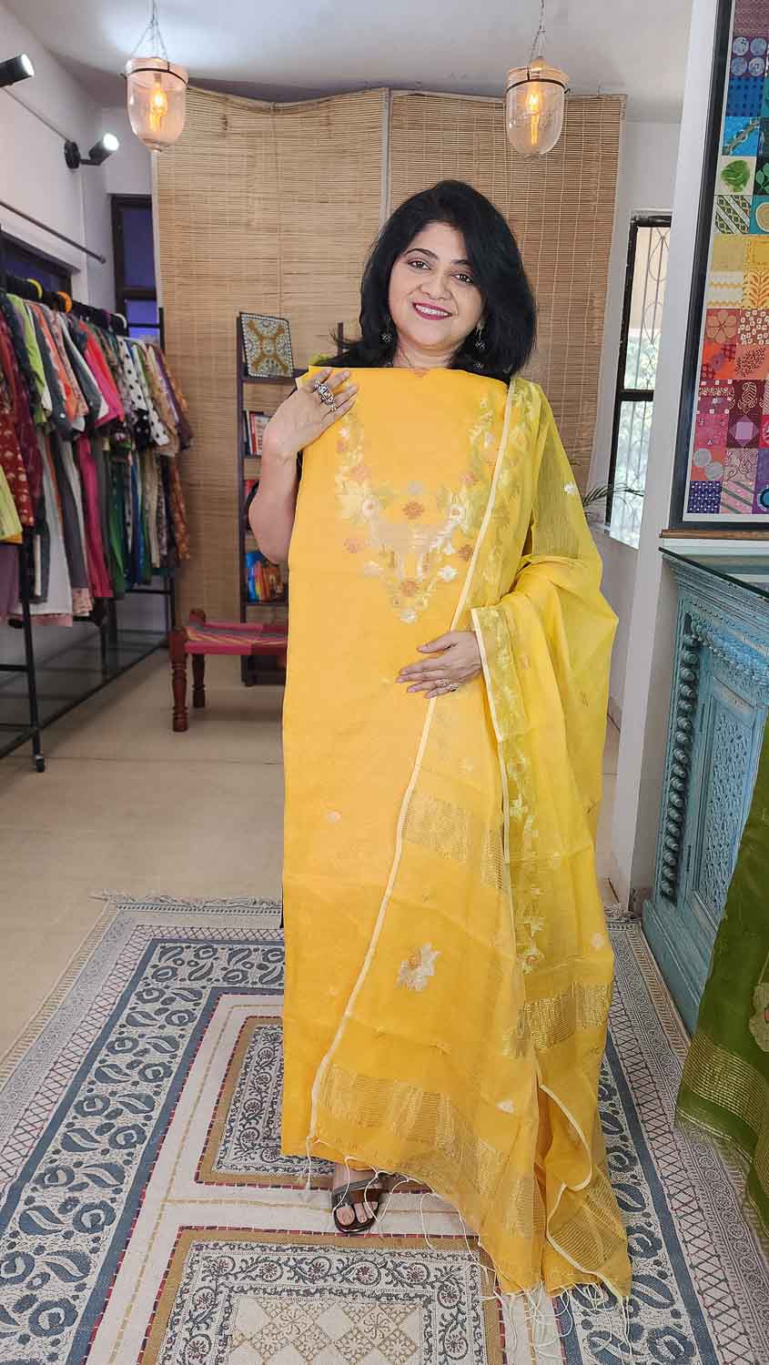 Muslin Jamdani top dupatta set yellow
